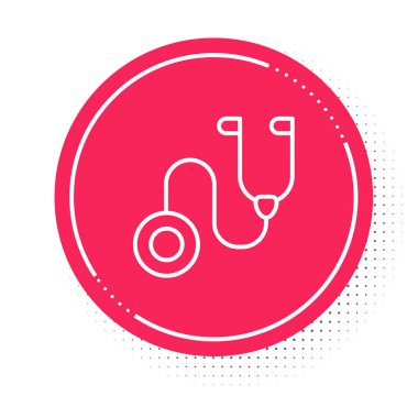 Beyaz çizgi steteskop tıbbi araç simgesi beyaz arka planda izole edildi. Kırmızı daire düğmesi. Vektör