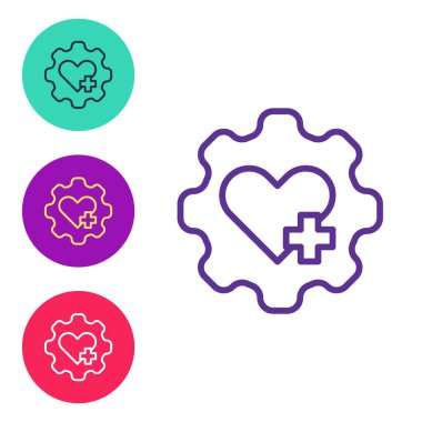 Beyaz arkaplanda izole edilmiş bir haç simgesi olan çizgi Kalbi ayarlayın. İlk yardım. Sağlık, tıbbi ve eczane işaretleri. Simgeleri renklendirin. Vektör