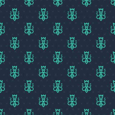 Yeşil çizgi Kraliçe Arı ikonu mavi arka planda kusursuz desen izole etti. Tatlı doğal yemek. Bal arısı ya da kanat sembollü apis. Uçan böcek. Vektör