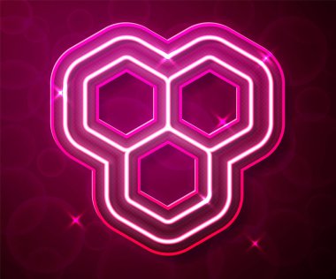 Parlayan neon hattı bal peteği simgesi kırmızı arkaplanda izole edildi. Bal hücrelerinin sembolü. Tatlı doğal yemek. Vektör