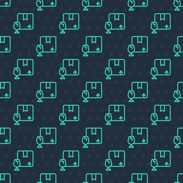 Kırık cam ikonun kırılgan içerik sembolünün bulunduğu yeşil çizgi teslimat kutusu mavi arka planda izole edilmiş pürüzsüz desen. Kutu, paket, paket işareti. Vektör