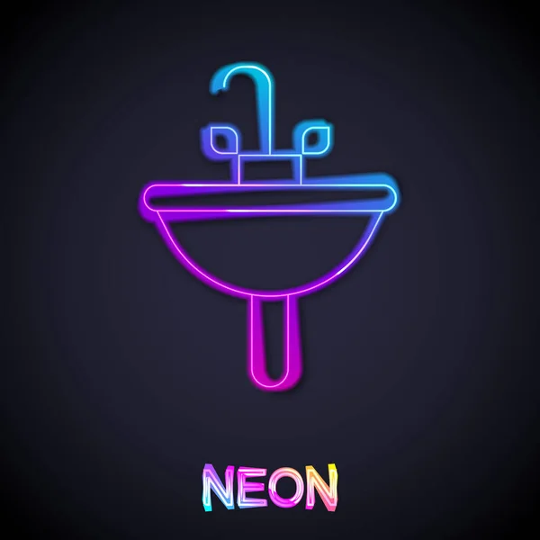 Linea neon luminosa Lavabo con icona rubinetto acqua isolato su fondo nero. Vettore — Vettoriale Stock