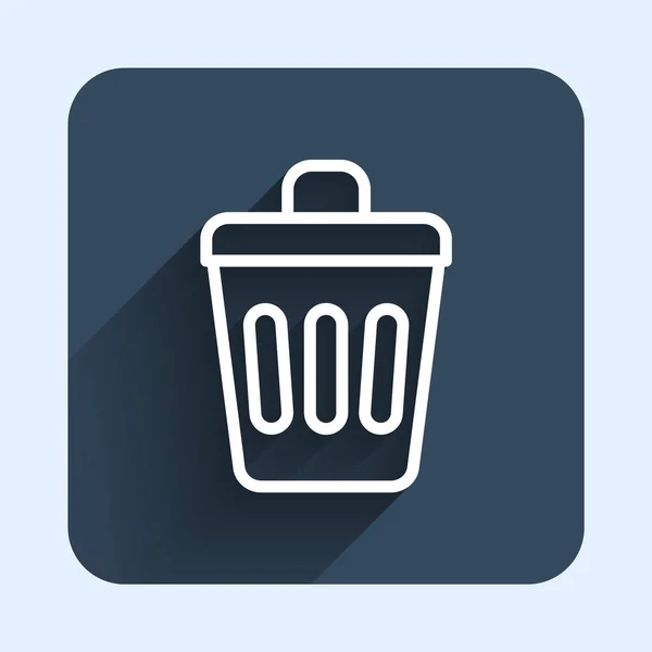 White line Trash can icon isolated with long shadow background. Garbage bin sign. Recycle basket icon. Office trash icon. Blue square button. Vector — Stock Vector