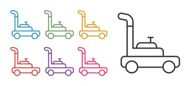 Çim biçme makinesi simgesini beyaz arkaplanda izole et. Çim biçme makinesi çim biçiyor. Simgeleri renklendirin. Vektör