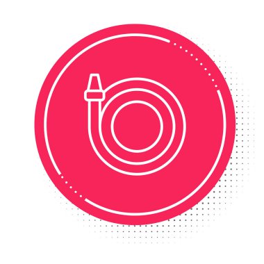 Beyaz çizgili bahçe hortumu ikonu beyaz arkaplanda izole edilmiş. Sprey tabanca ikonu. Su ekipmanları. Kırmızı daire düğmesi. Vektör