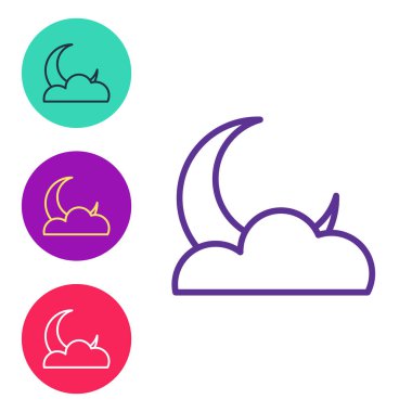 Ayın ve yıldızların çizgi simgesini beyaz arkaplanda ayır. Bulutlu gece işareti. Uyku rüyalarının sembolü. Dolunay. Gece ya da yatak zamanı tabelası. Simgeleri renklendirin. Vektör