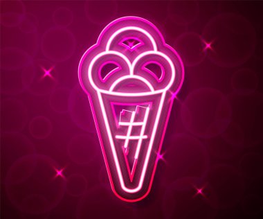 Kırmızı arkaplanda izole edilmiş gözleme külahlı parlak neon çizgisi dondurma. Güzel sembol. Vektör