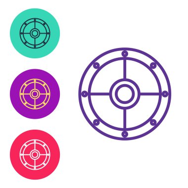 Beyaz arkaplanda izole edilmiş yuvarlak ahşap kalkan simgesi oluşturun. Güvenlik, güvenlik, koruma, mahremiyet, koruma kavramı. Simgeleri renklendirin. Vektör