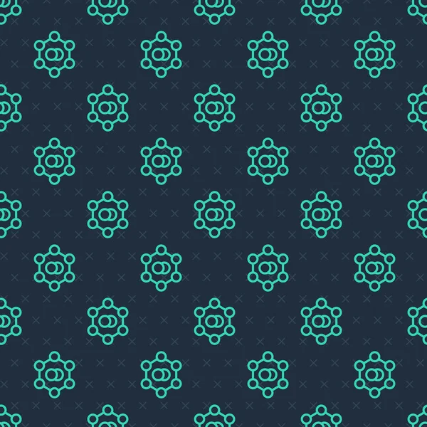 Groene lijn Molecule icoon geïsoleerd naadloos patroon op blauwe achtergrond. Structuur van moleculen in de chemie, wetenschap docenten innovatieve educatieve poster. Vector — Stockvector