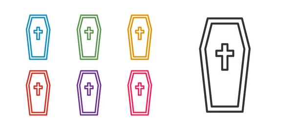 Set line Coffin met christelijk kruis pictogram geïsoleerd op witte achtergrond. Gelukkig Halloween feest. Stel pictogrammen kleurrijk. Vector — Stockvector