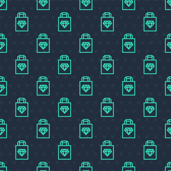 Green line Shopping bag jewelry icon isolated seamless pattern on blue background. Vector