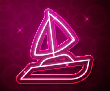 Parlayan neon hattı ya da yelkenli ya da yelkenli gemi simgesi kırmızı arka planda izole edilmiş. Yelkenli deniz seyahati. Vektör