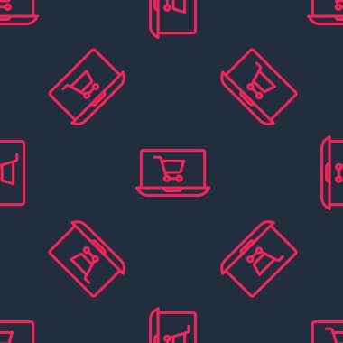 Ekran dizüstü bilgisayar simgesinde kırmızı çizgi alışveriş arabası siyah arkaplanda izole edilmiş kusursuz desen. Konsept e-ticaret, e-ticaret, online iş pazarlama. Vektör