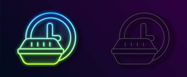 Parlayan neon çizgisi, siyah arkaplanda izole edilmiş saat teslimat simgesi. Vektör