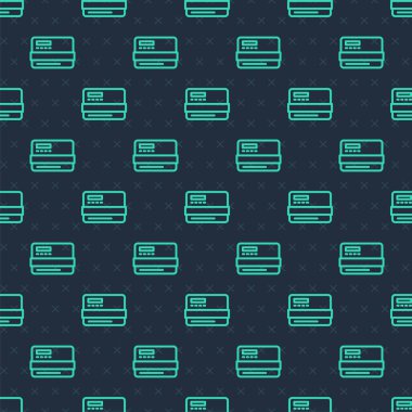 Yeşil çizgi kredi kartı simgesi mavi arkaplandaki kusursuz deseni izole etti. Çevrimiçi ödeme. Nakit çekilmesi. Finansal operasyonlar. Alışveriş tabelası. Vektör