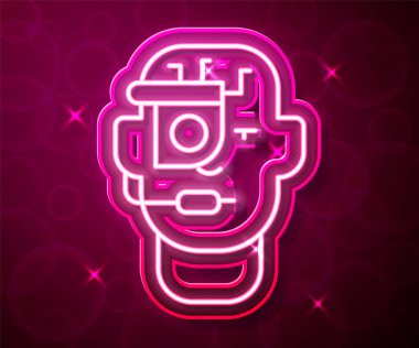 Parlayan neon hat Gözlük üzerine yerleştirilmiş akıllı gözlükler kırmızı arkaplanda izole edilmiş. Giyilebilir elektronik, akıllı gözlüklü, kameralı ve ekranlı. Vektör