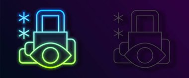 Parlayan neon hattı siber güvenlik simgesi siyah arkaplanda izole edildi. Dijital devre kartında kapalı asma kilit. Güvenlik kavramı. Dijital veri koruması. Vektör