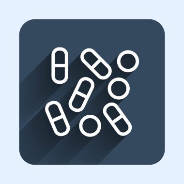 Beyaz çizgi tıbbi hap şişesi biyohack ikonu uzun gölgeli bir arka plan. Eczane biyokorsanlığı. Mavi kare düğme. Vektör