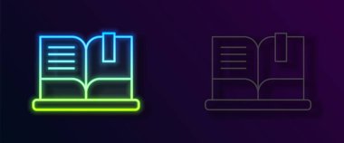 Parlayan neon hattı Açık kitap simgesi siyah arkaplanda izole edildi. Vektör