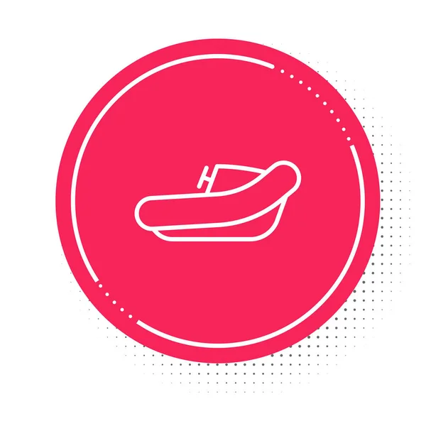 Vit linje Uppblåsbar båt med utombordsmotorik ikon isolerad på vit bakgrund. Röd cirkel knapp. Vektor — Stock vektor