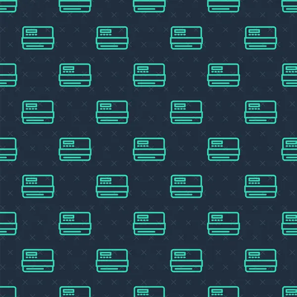 Yeşil çizgi kredi kartı simgesi mavi arkaplandaki kusursuz deseni izole etti. Çevrimiçi ödeme. Nakit çekilmesi. Finansal operasyonlar. Alışveriş tabelası. Vektör