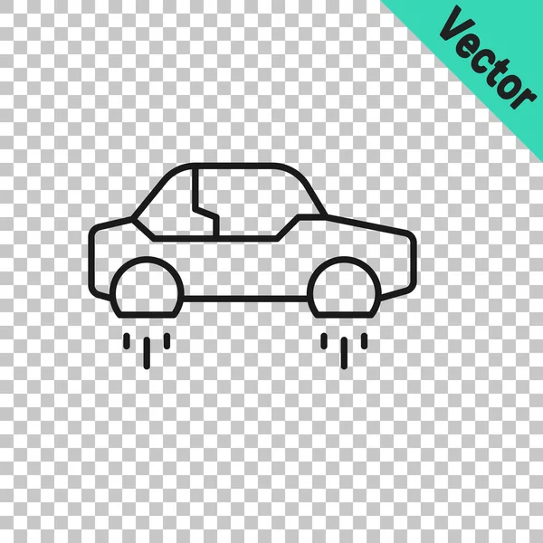 ブラックライン透明な背景に隔離された幻想的な空飛ぶ車のアイコン。将来の技術輸送にカーソルを合わせます。ベクトル — ストックベクタ