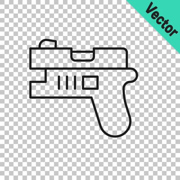 Black line Futuristic space gun blaster icon isolated on transparent background. Laser Handgun. Alien Weapon. Vector — Stock Vector