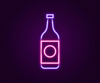 Parlayan neon hattı bira şişesi simgesi siyah arka planda izole edildi. Renkli taslak konsepti. Vektör