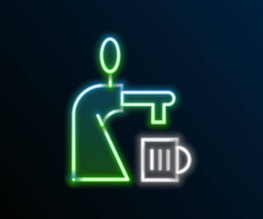 Siyah zemin üzerinde cam ikon olan parlak neon çizgili bira musluğu. Renkli taslak konsepti. Vektör