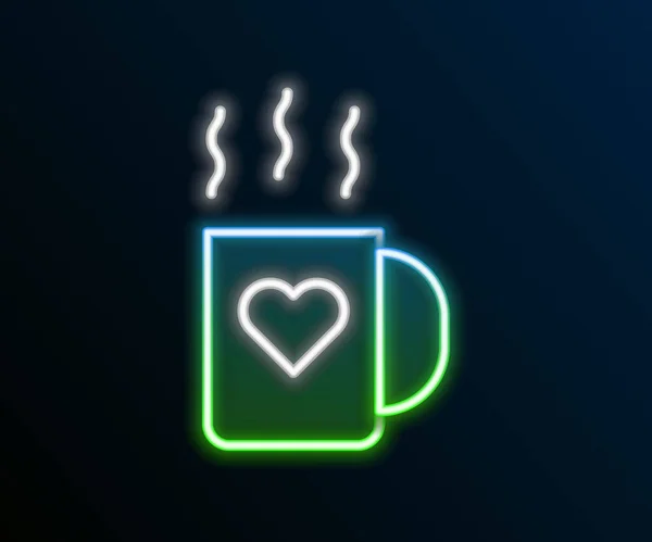 Brillante línea de neón taza de café y corazón icono aislado sobre fondo negro. Un par de cafés para los amantes el día de San Valentín. Concepto de esquema colorido. Vector — Vector de stock