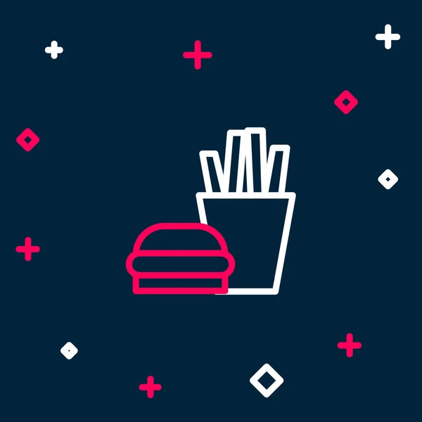 Ligne Burger et frites dans une boîte de carton icône isolée sur fond bleu. Hamburger, sandwich cheeseburger. Restauration rapide. Concept de contour coloré. Vecteur — Image vectorielle