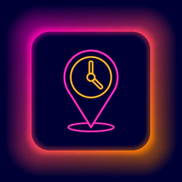 Glowing neon line Location with clock icon isolated on black background. Colorful outline concept. Vector — Stock Vector