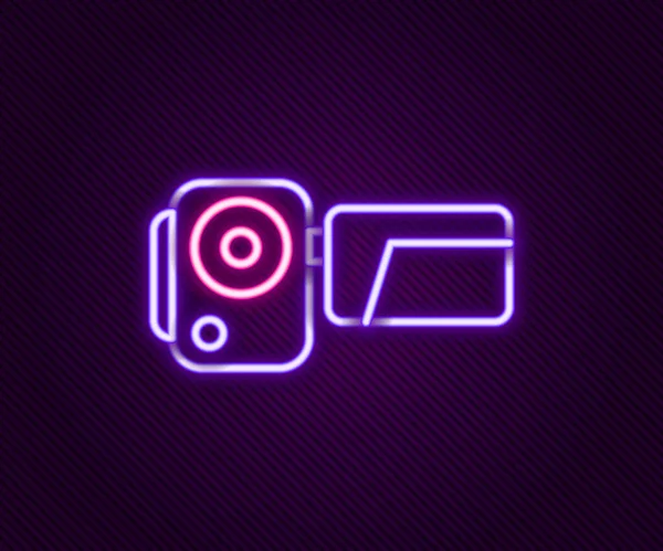 Leuchtendes neonliniges Kinokamera-Symbol isoliert auf schwarzem Hintergrund. Videokamera. Filmschild. Filmprojektor. Buntes Rahmenkonzept. Vektor — Stockvektor