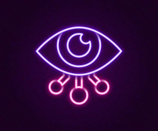 Glowing neon line Eye scan icon isolated on black background. Scanning eye. Security check symbol. Cyber eye sign. Colorful outline concept. Vector — Stock Vector