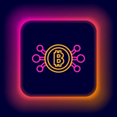 Parlak neon hattı Cryptocurrency bitcoin siyah arkaplanda izole edilmiş mikroçip devre ikonu ile daire içinde. Engelleme teknolojisi, dijital para piyasası. Renkli taslak konsepti. Vektör