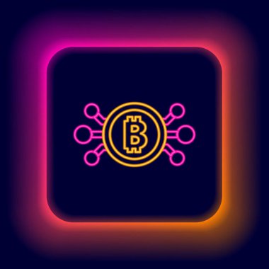Parlak neon hattı Cryptocurrency bitcoin siyah arkaplanda izole edilmiş mikroçip devre ikonu ile daire içinde. Engelleme teknolojisi, dijital para piyasası. Renkli taslak konsepti. Vektör