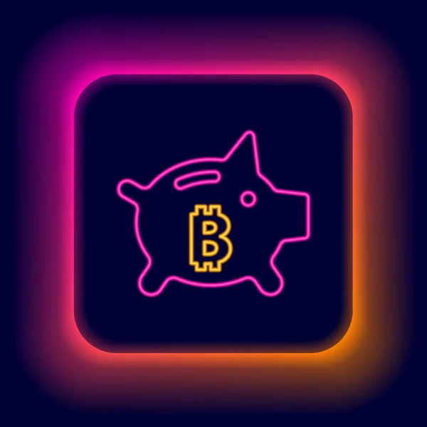 Leuchtende Neon-Linie Sparschwein Bitcoin-Symbol isoliert auf schwarzem Hintergrund. Ikonensparen oder Geldanhäufung, Investition. Buntes Rahmenkonzept. Vektor — Stockvektor