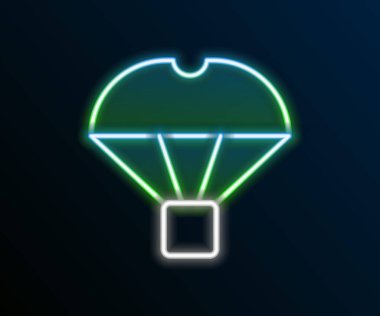 Parlayan neon hattı kutusunun paraşüt ikonu üzerinde uçuşu siyah arka planda izole edildi. Nakliye için paraşütlü paket. Teslimat servisi, hava taşımacılığı. Renkli taslak konsepti. Vektör