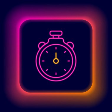 Parlayan neon hattı Stopwatch simgesi siyah arkaplanda izole edildi. Zaman göstergesi. Kronometre işareti. Renkli taslak konsepti. Vektör