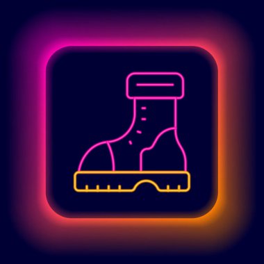 Parlayan neon hattı su geçirmez lastik bot simgesi siyah arkaplanda izole edildi. Yağmurlu hava, balıkçılık, bahçe işleri için çizme. Renkli taslak konsepti. Vektör