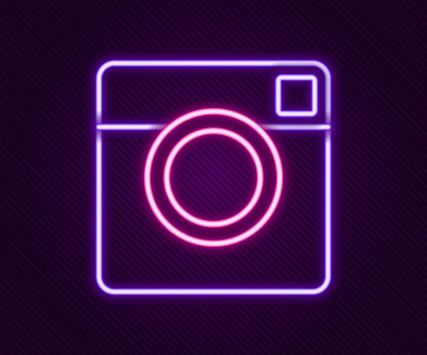Glowing neon line Photo camera icon isolated on black background. Foto camera. Digital photography. Colorful outline concept. Vector — Stock Vector