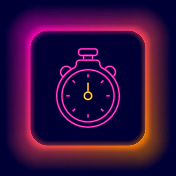 Gloeiende neon lijn Stopwatch pictogram geïsoleerd op zwarte achtergrond. Tijdklok teken. Chronometerteken. Kleurrijk concept. Vector — Stockvector