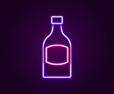 Parlayan neon hattı bira şişesi simgesi siyah arka planda izole edildi. Renkli taslak konsepti. Vektör.