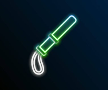 Parlayan neon hattı Polis kauçuk çubuk ikonu siyah arka planda izole edildi. Kauçuk copu. Polis yarasası. Polis ekipmanları. Renkli taslak konsepti. Vektör.