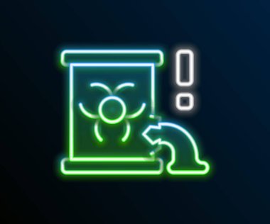 Varil simgesindeki parlak neon hattı radyoaktif atık siyah arkaplanda izole edildi. Radyoaktif ve zehirli maddeli fıçı dökülüyor. Renkli taslak konsepti. Vektör.