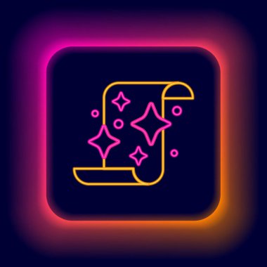 Parlayan neon çizgisi Sihirli parşömen simgesi siyah arkaplanda izole edildi. Karar, kağıt, parşömen, parşömen ikonu. Renkli taslak konsepti. Vektör.