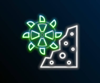 Parlayan neon hattı Bucket tekerlek kazıcı simgesi siyah arkaplanda izole edildi. Renkli taslak konsepti. Vektör.