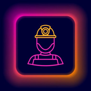 Siyah arkaplanda izole edilmiş bir kask ikonu içinde parıldayan neon hattı Miner. Renkli taslak konsepti. Vektör.