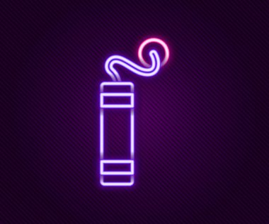 Parlayan neon hattı siyah arka planda izole edilmiş dinamit bomba çubuğu ikonu. Saatli bomba - patlama tehlikesi kavramı. Renkli taslak konsepti. Vektör.