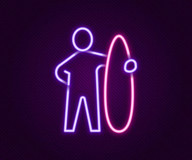 Parlayan neon çizgisi sörf tahtası simgesi siyah arkaplanda izole edildi. Sörf tahtası. Olağanüstü bir spor. Spor malzemeleri. Renkli taslak konsepti. Vektör.